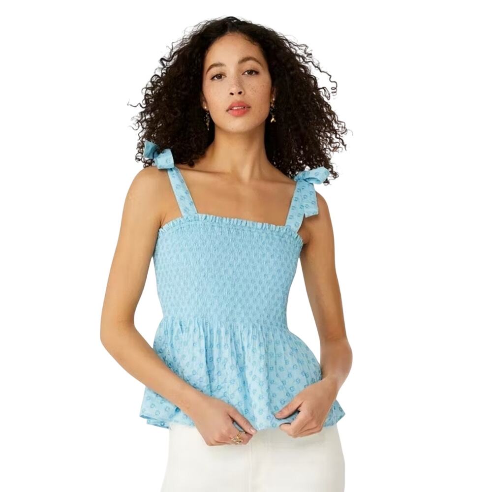 Kate Spade Blue Floral Smocked Peplum Tie-Shoulder Top Size L